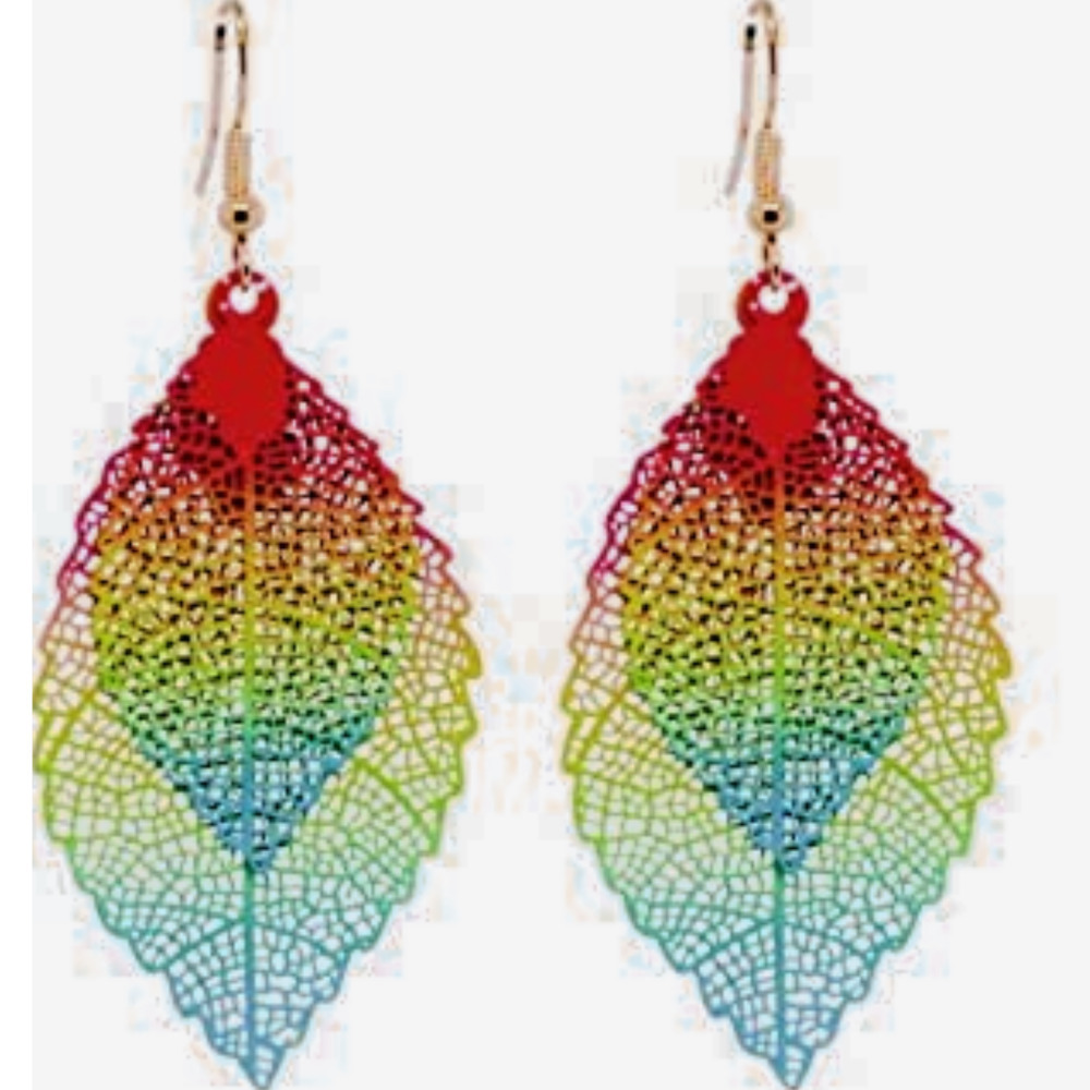 LGBTQ BOHO LEAF EARRINGS DROP EARRINGS DOUBLE LEAF DROP Rainbow GAY PRIDE
